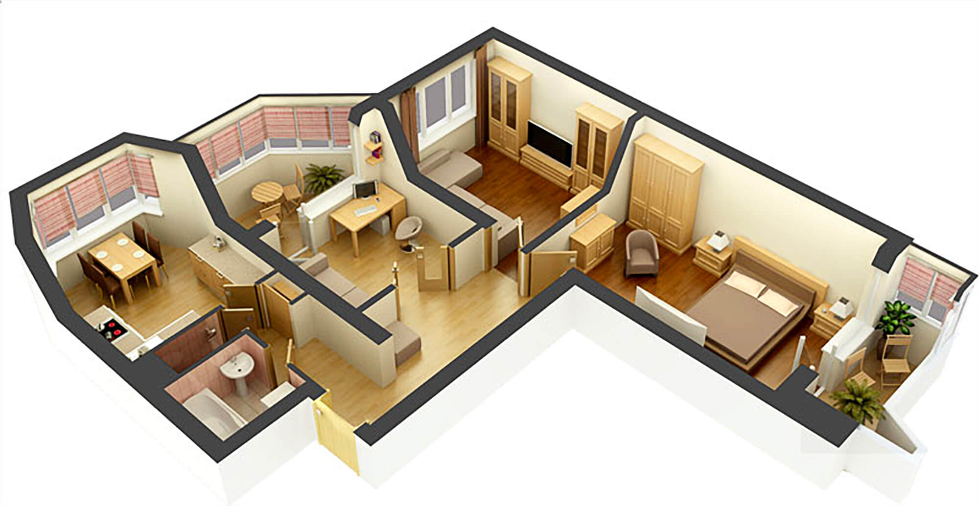 Купить угловую квартиру. Floorplan 3d проекты. 3д планировка трешка. Проект трехкомнатной квартиры. Трехкомнатная планировка.